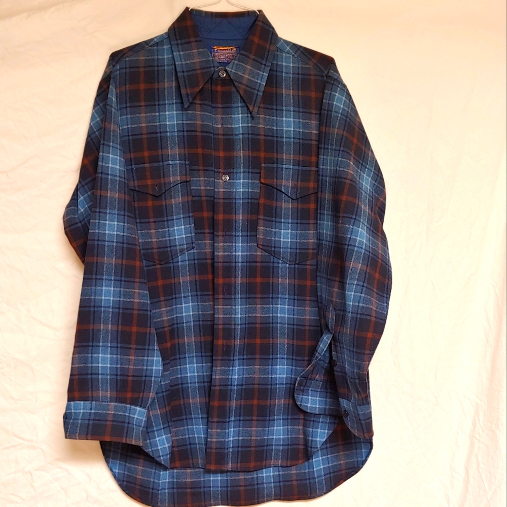 Men's Pendleton Vintage Wool Plaid Shirt Size 15.5" in Blue's Brown Rust